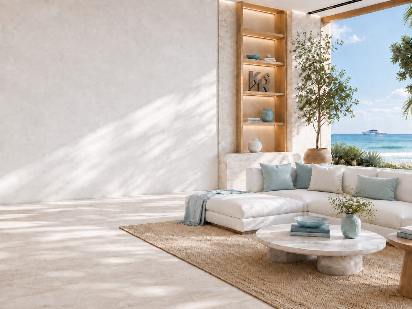 Coastal luxury living room with KR shelf decor and ocean view